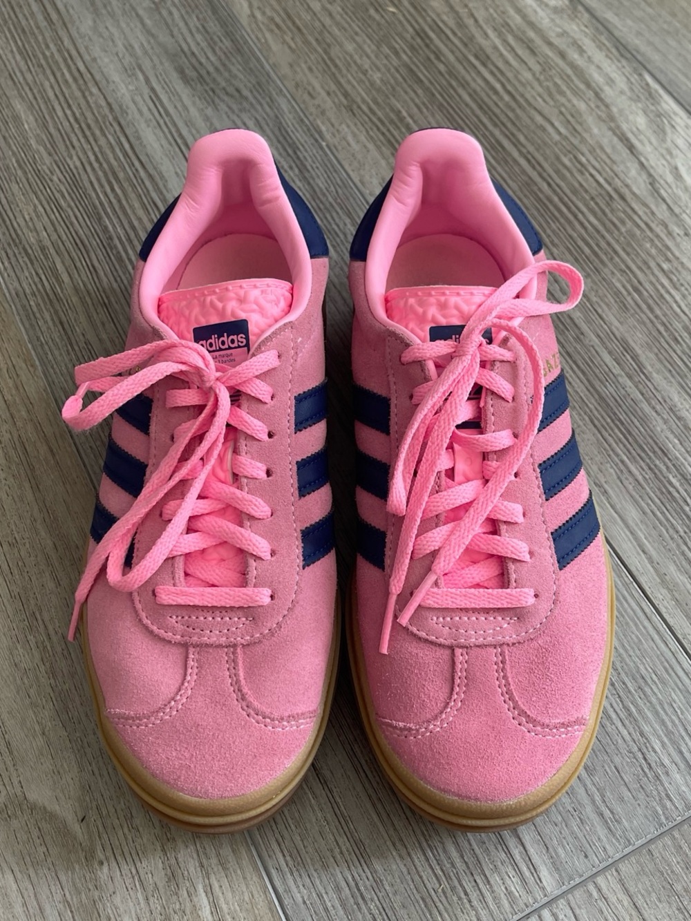 Adidas Gazelle Bold Pink Suede Sneakers with Navy Three-Stripes used 1 time!